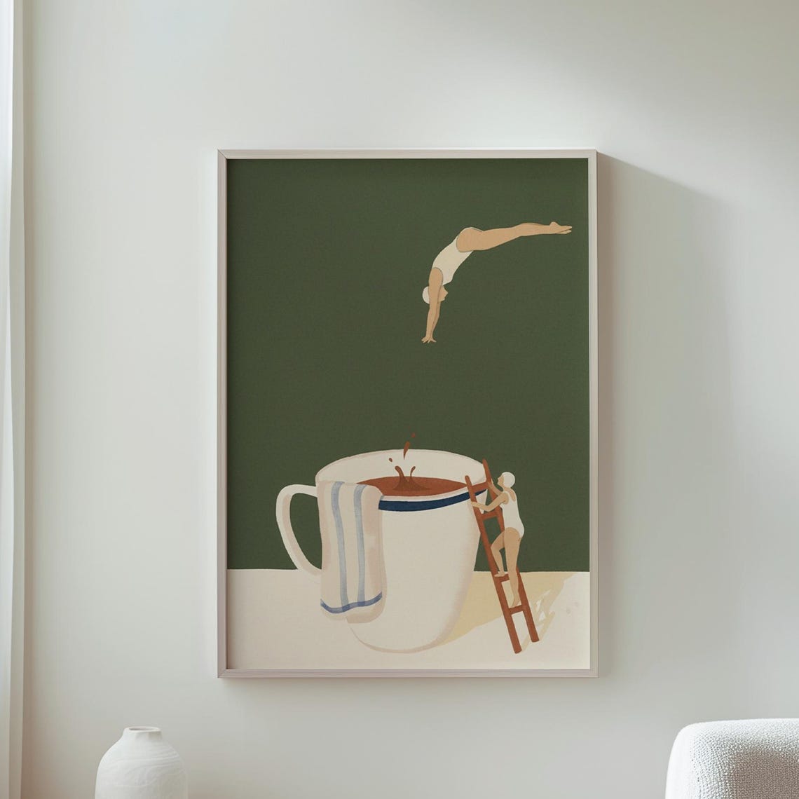 Vintage Diver Jumping Into Giant Coffee Cup Whimsical Poster