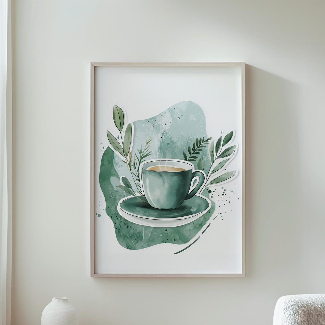 Green Watercolor Teacup With Botanical Leaves Nature Art Print