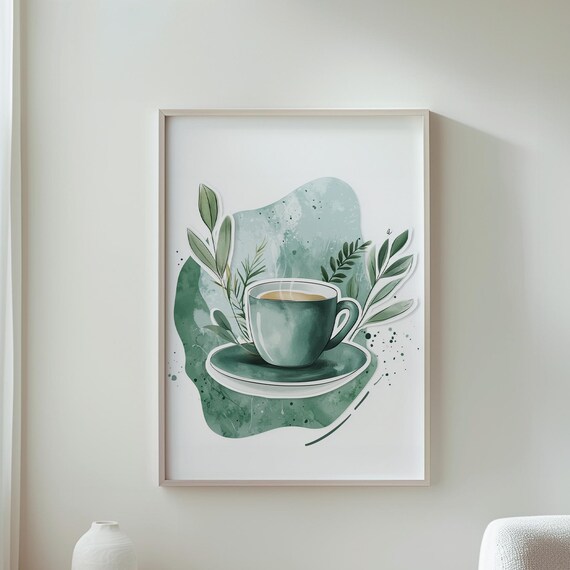 Green Watercolor Teacup With Botanical Leaves Nature Art Print