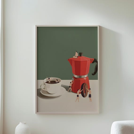 Miniature People Diving Into Coffee Nature Wall Art Plant Lover Gift Unique Home Decor Artistic Hanging