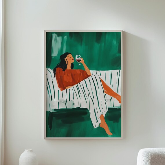 Woman Relaxing With Red Wine On Striped Couch Green Painted Poster