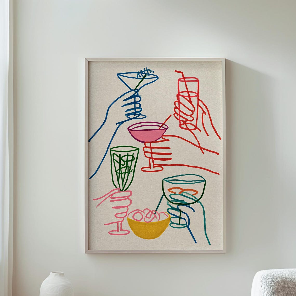 Colorful Line Art Cocktail Hands Cheers Party Celebration Decor Poster