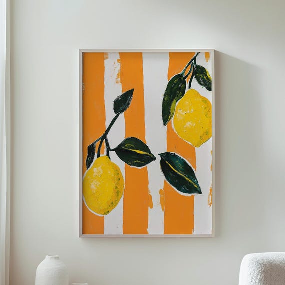 Lemon Stripe Print Retro Style Wall Art Colorful Home Decor Vibrant Yellow Lemons On Orange Stripes Unique Artwork