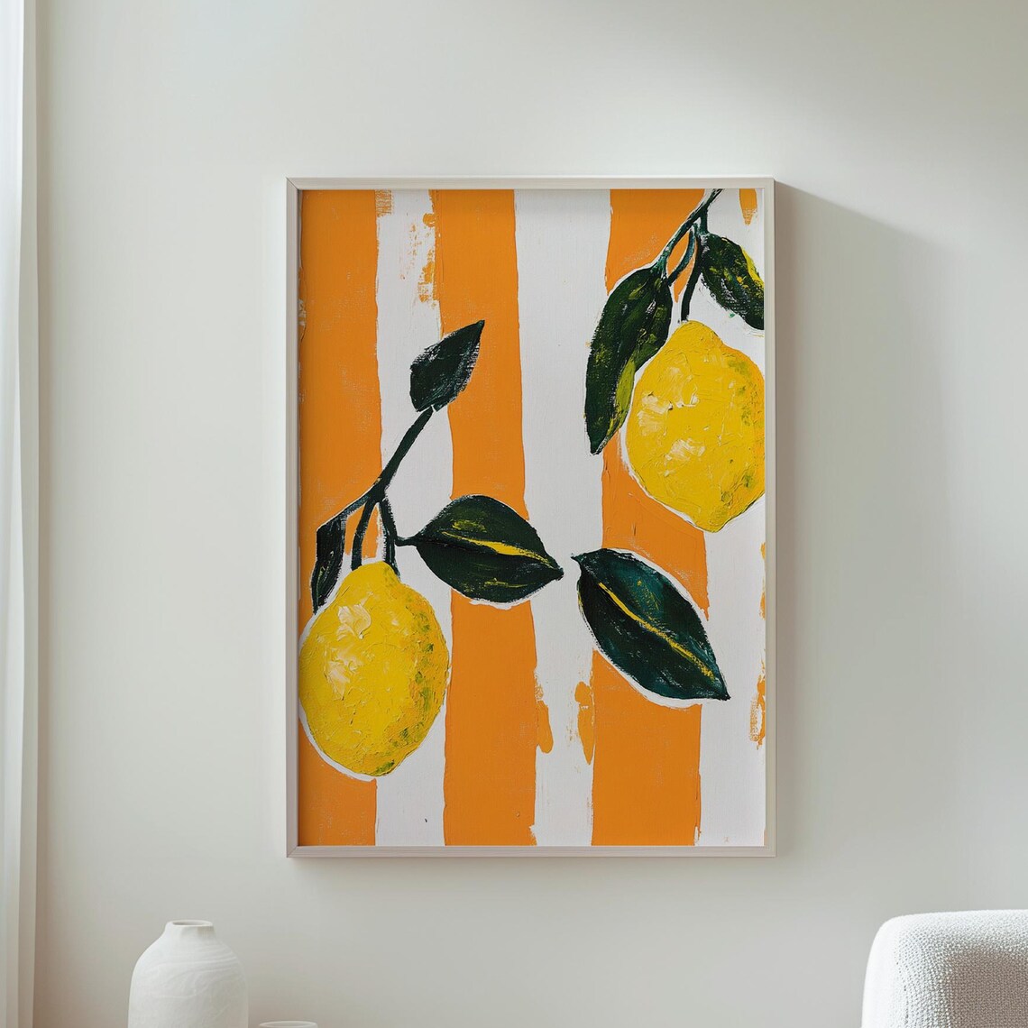 Yellow Lemons Branch Orange White Striped Summer Fruit Art Poster