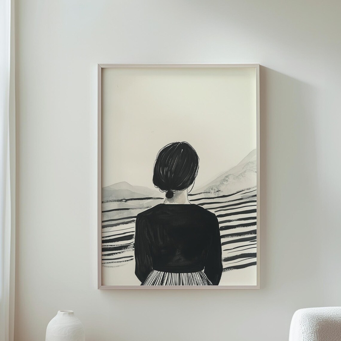 Woman Gazing at Layered Mountains Minimalist Ink Drawing Poster