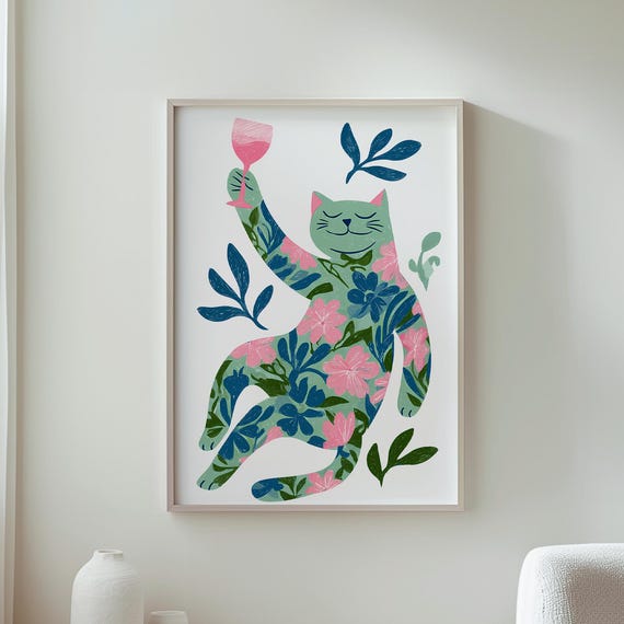 Floral Cat Art Whimsical Wall Holding Wine Glass Decor Cute Home Lover Gift Colorful