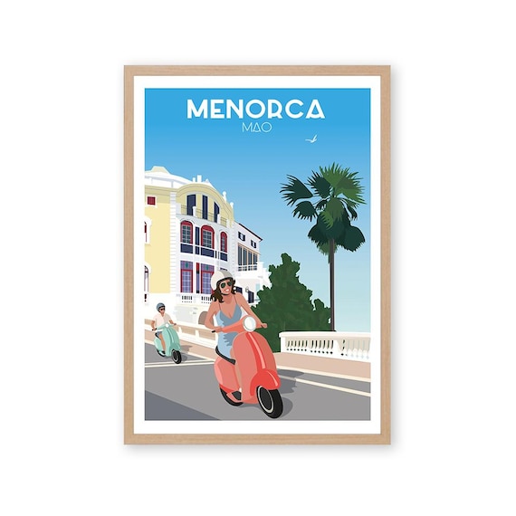 Menorca Mahon Scooter Ride Vintage Mediterranean Travel Poster