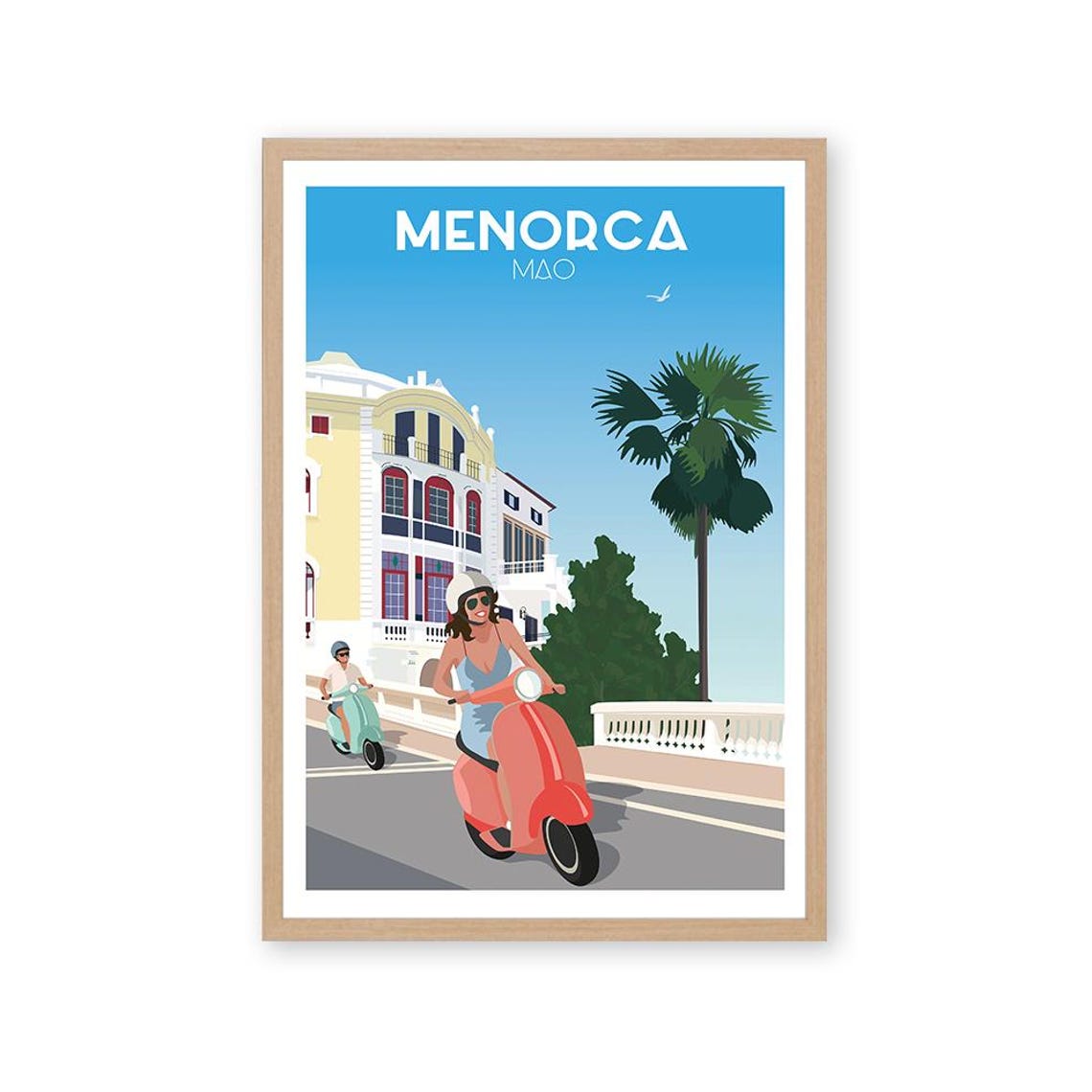 Menorca Mahon Scooter Ride Vintage Mediterranean Travel Poster