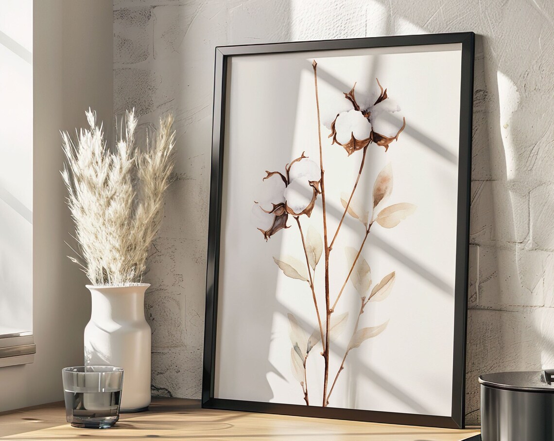 Cotton Stems Neutral Botanical Watercolor Minimalist Art Poster