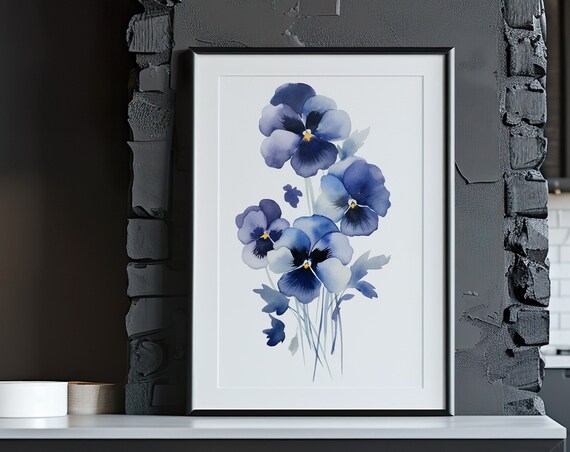 Purple Blue Pansies Watercolor Moody Bloom Cluster Botanical Art Poster