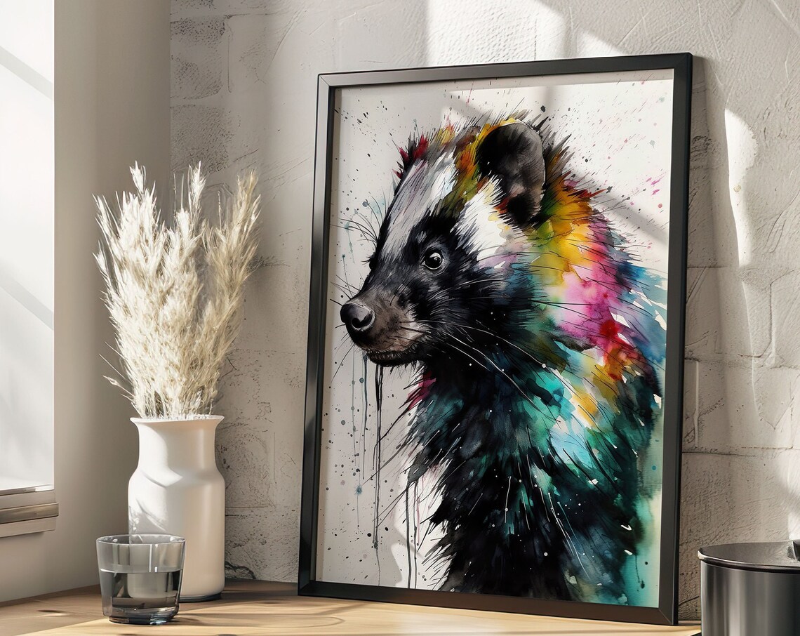 Skunk Portrait Watercolor Rainbow Splash Wildlife Art Poster