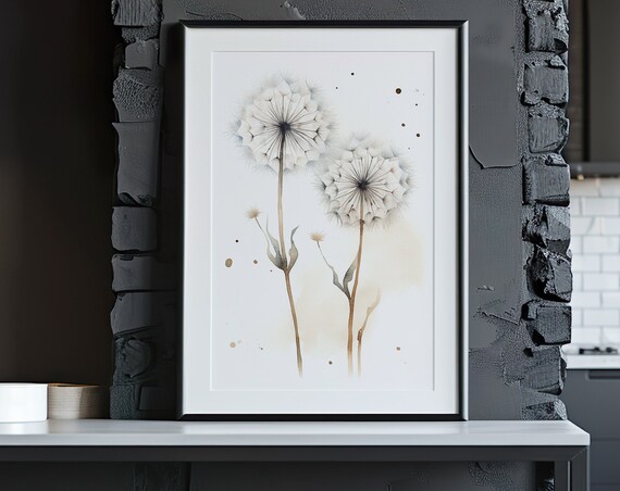 White Dandelion Watercolor Seed Heads with Gold Splatter Minimalist Poster