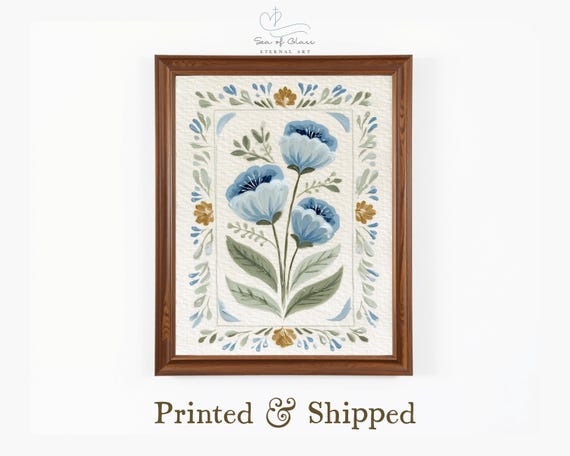 Blue Floral Chinoiserie Art Print Vintage Botanical Wall Decor