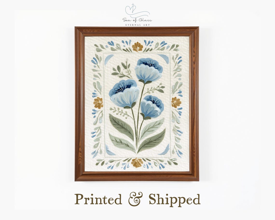 Blue Floral Chinoiserie Art Print Vintage Botanical Wall Decor