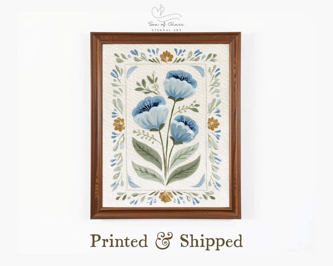 Blue White Anemone Folk Botanical Flowers Mustard Garland Art Poster