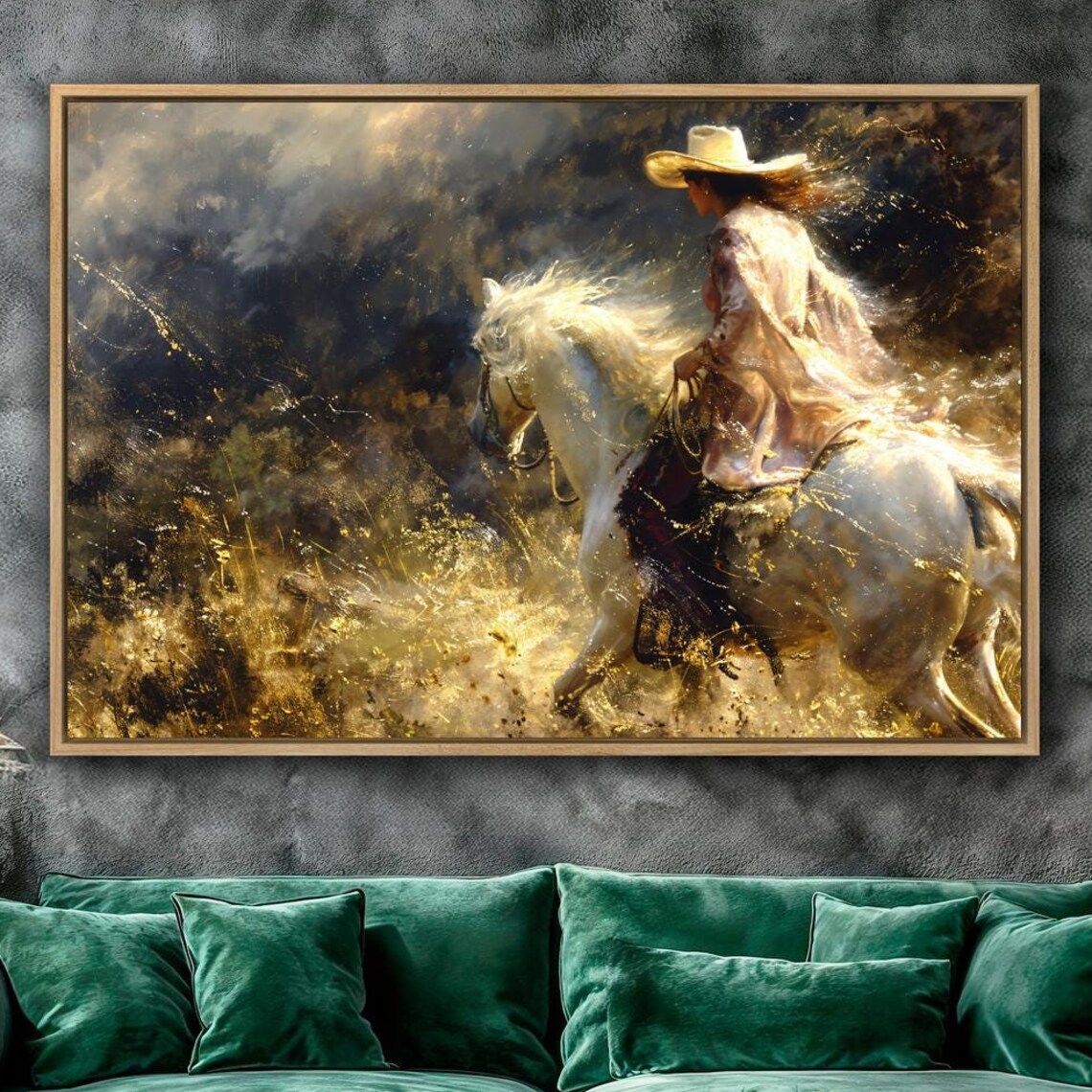 Horseback Riding Cowgirl on White Horse, Western Poster