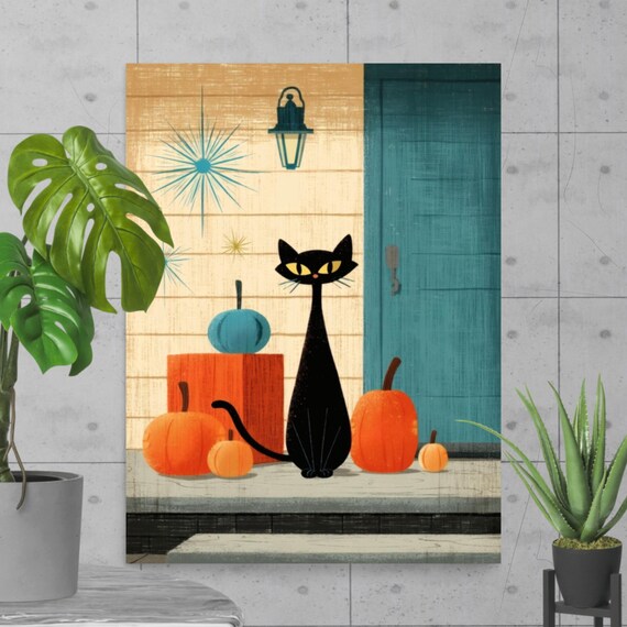 Black Cat With Pumpkins Fall Porch Retro Midcentury Decor Poster