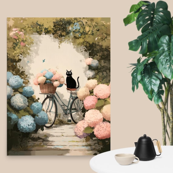 Black Cat Bicycle Ride White Hydrangea Garden Archway Poster
