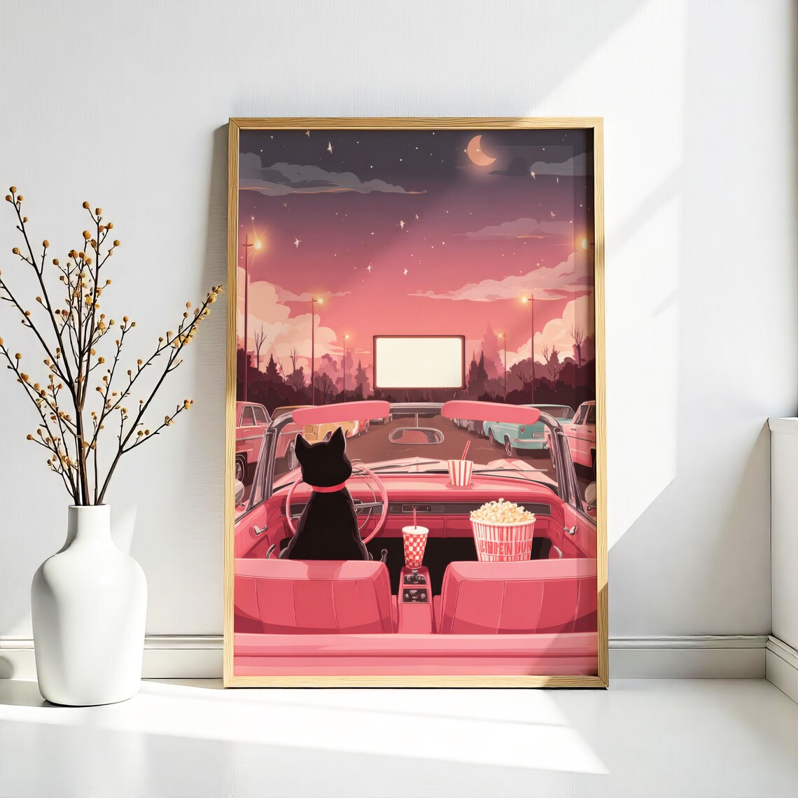 Black Cat Drive In Movie Night Pink Cadillac Convertible Print