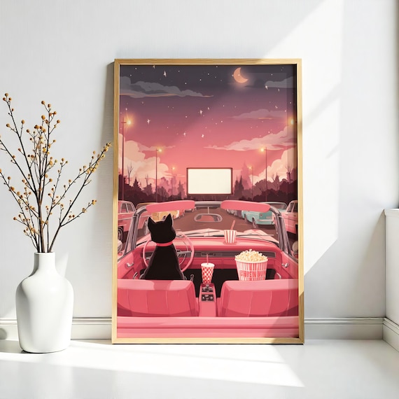 Black Cat Drive In Movie Night Pink Cadillac Convertible Print