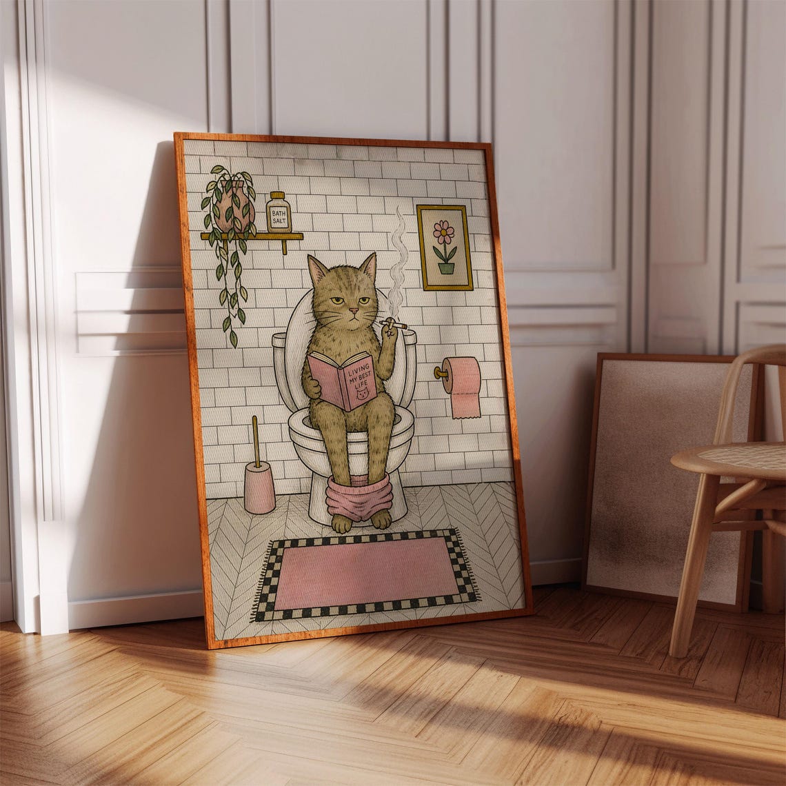 Funny Cat On Toilet Wall Art Smoking Poster Maximalist Bathroom Decor Eclectic Print