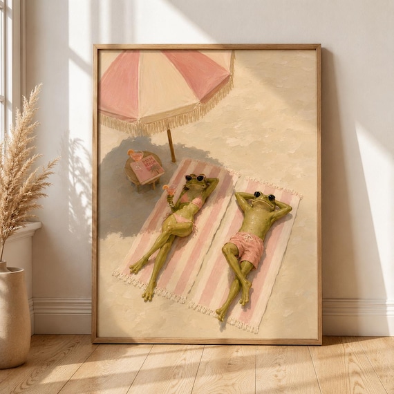 Funny Frogs Sunbathing Beach Humor Whimsical Cartoon Animal Poster