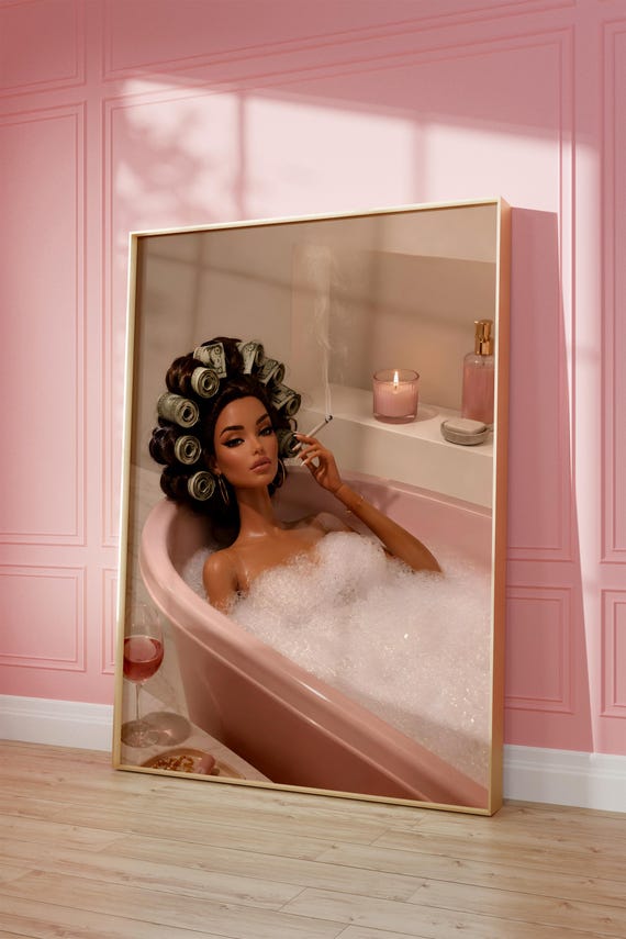 Money Roller Doll Art Print Bathing Glamour Poster Funny Bathroom Decor Digital Download