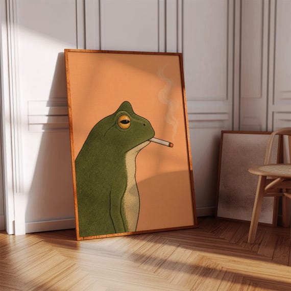 Smoking Frog Wall Art Vintage Toad Poster Eclectic Animal Print Quirky Orange Room Decor