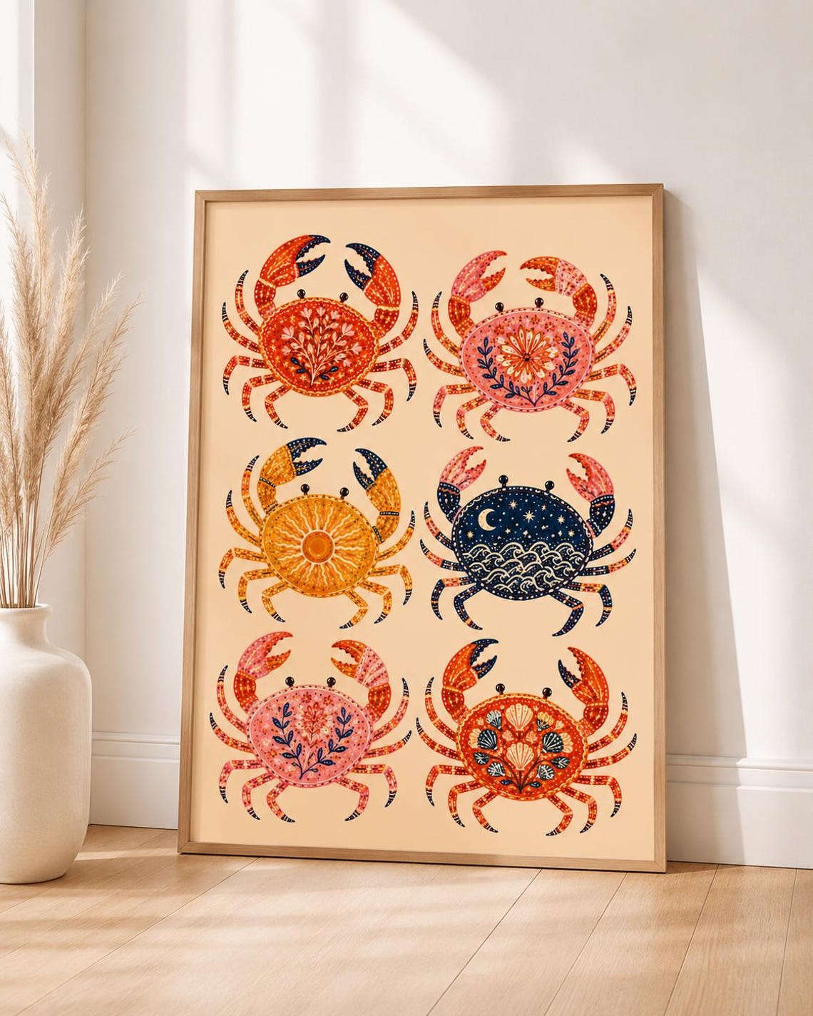 Printable Crab Poster Beach Print Nautical Folk Illustration Ocean Home Gift