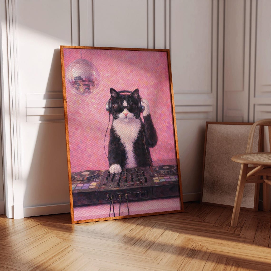 Pink Dj Cat Wall Print Disco Ball Poster Music Lover Gift Party Room Photo