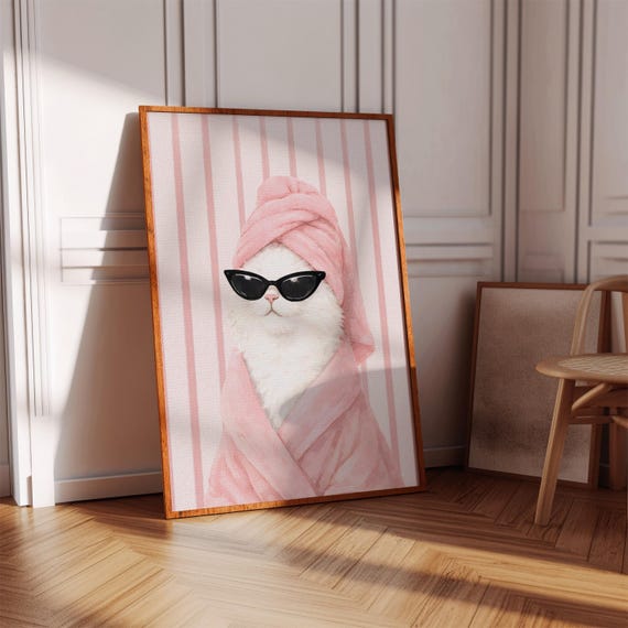 Spa Cat Wall Art Printable Pink Bathroom Decor Funny Self Care Print