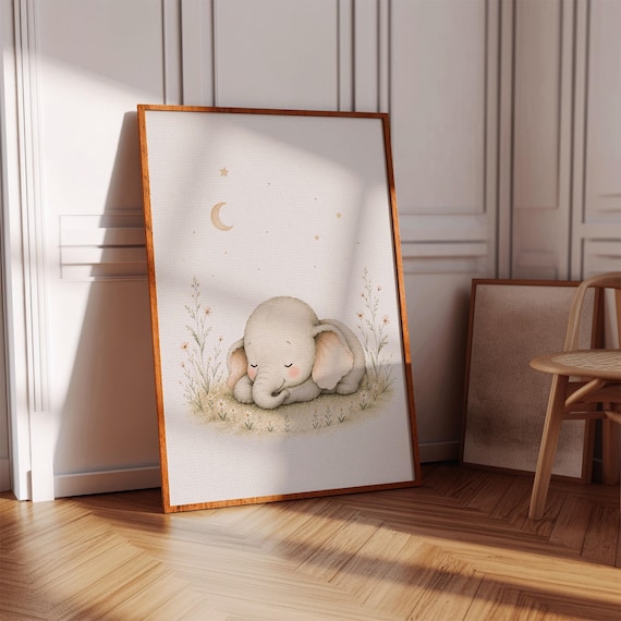 Sleeping Baby Elephant Nursery Poster Watercolor Moon Stars Decor