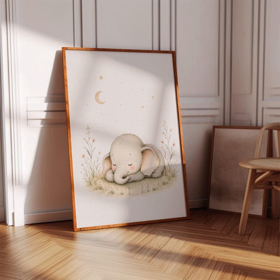 Sleeping Elephant Nursery Wall Art Watercolor Baby Room Decor Animal Poster