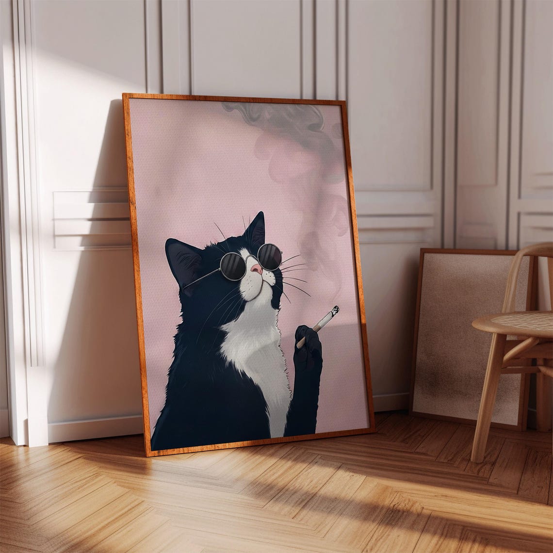 Tuxedo Cat Poster Pink Sunglasses Smoking Animal Print Retro Maximalist Wall Decor Funky Illustration