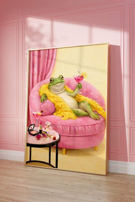 Glamorous Frog Sipping Pink Martini With Pearls Yellow Fur Stole Poster
