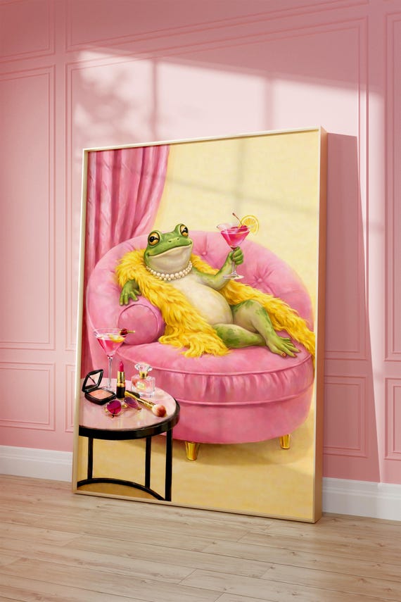 Maximalist Frog Print Fancy Toad With Martini Pearls Pink Coquette Decor Poster