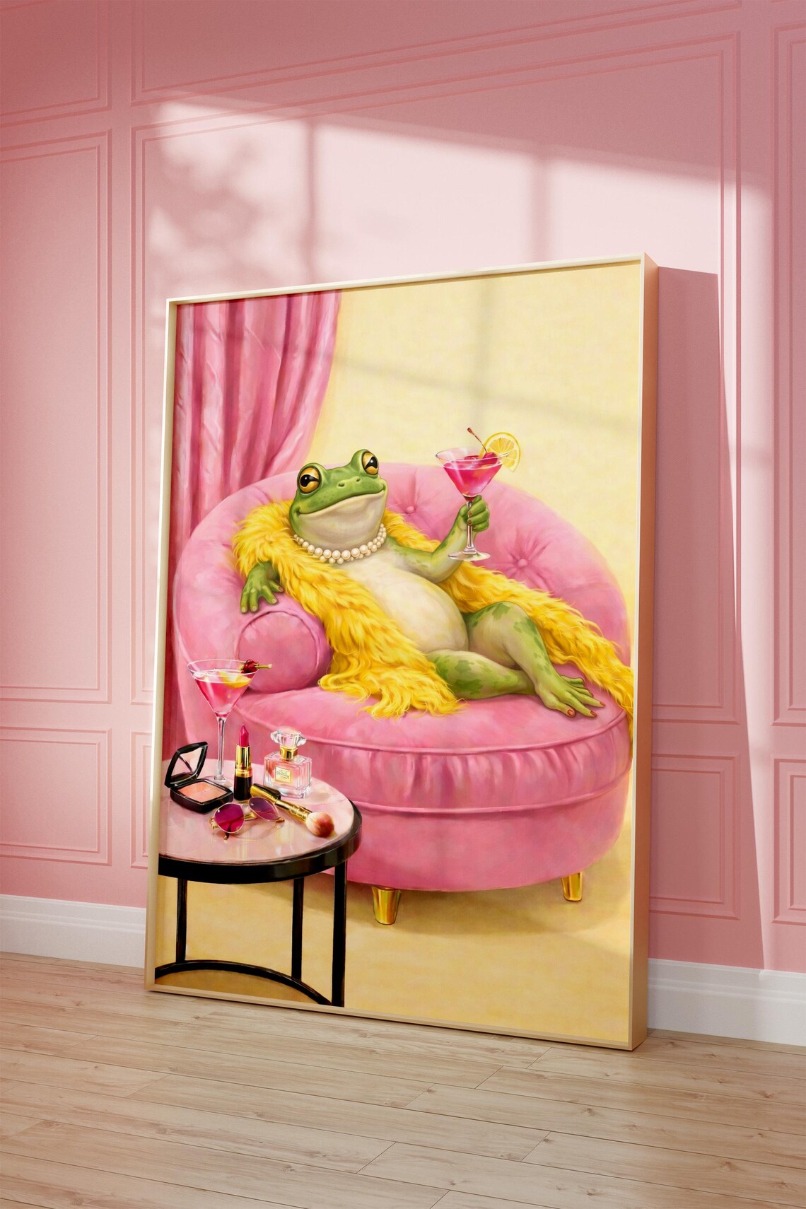 Glamorous Frog Sipping Pink Martini With Pearls Yellow Fur Stole Poster