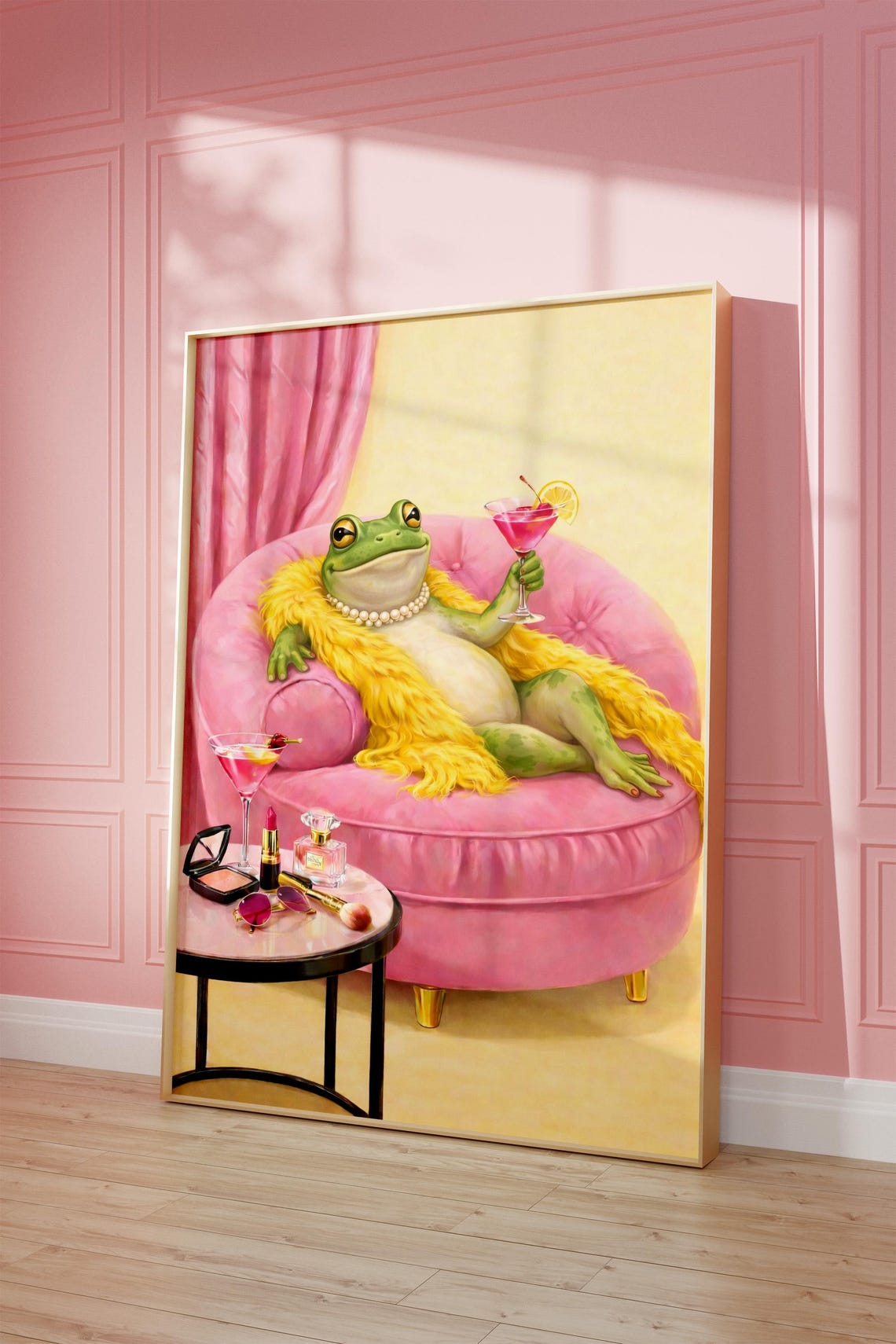 Maximalist Frog Print Fancy Toad With Martini Pearls Pink Coquette Decor Poster