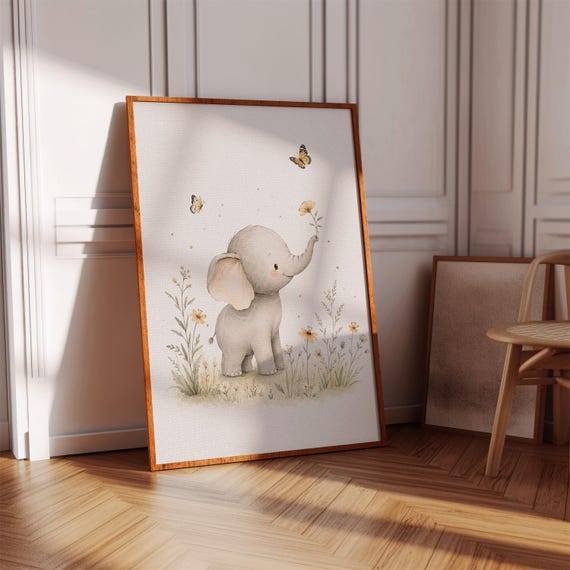 Elephant Holding Flower Nursery Wall Art Butterfly Baby Room Decor Animal Print