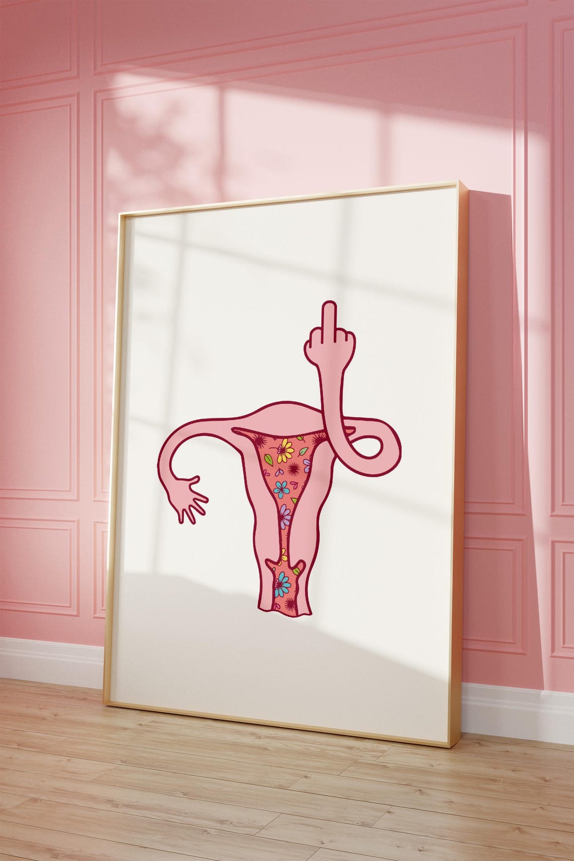 Funny Feminist Uterus Middle Finger Pink Girl Power Wall Art