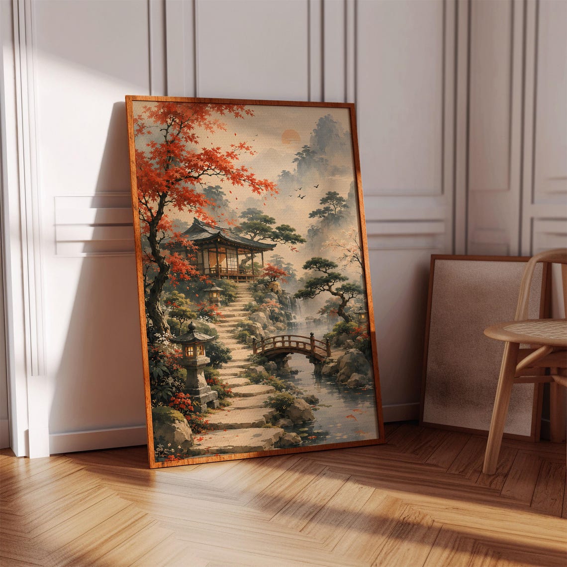 Japanese Temple Garden Autumn Maple Bridge Serene Landscape Poster