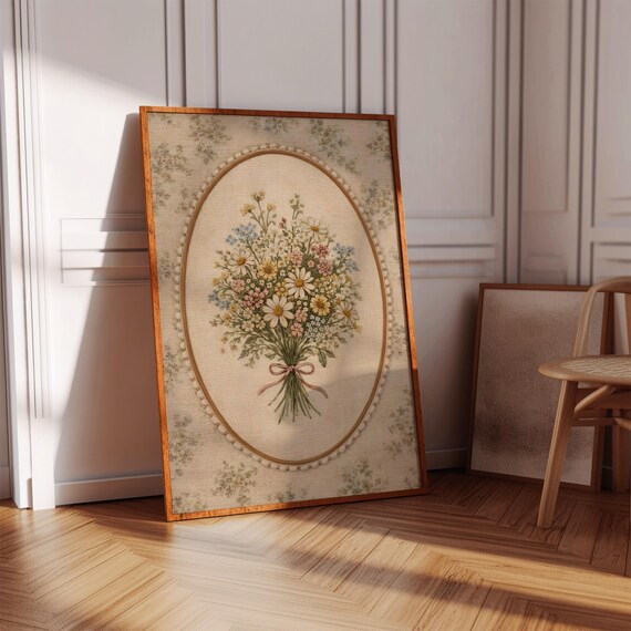 Vintage Wildflower Bouquet Cross Stitch Floral Oval Cottage Poster