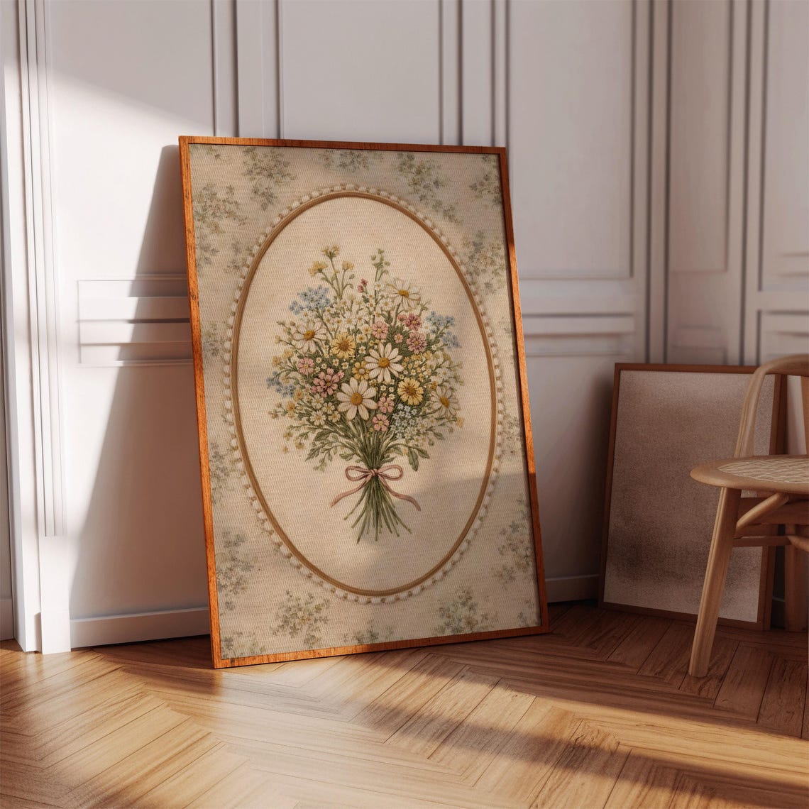 Vintage Wildflower Bouquet Cross Stitch Floral Oval Cottage Poster