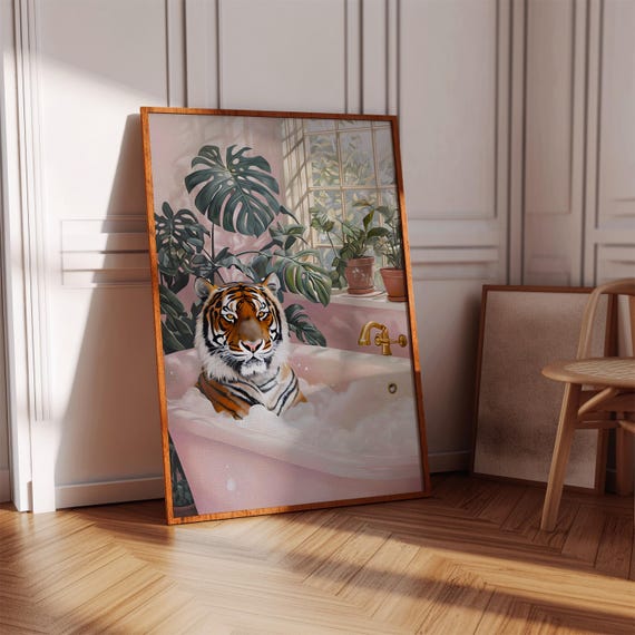 Tiger In Bathtub Print Retro Bathroom Wall Art Digital Download