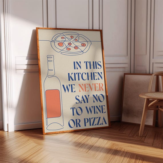 Wine And Pizza Poster Retro Kitchen Wall Art Digital Download
