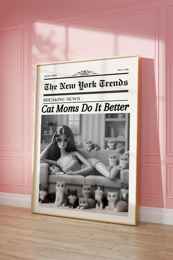 Trendy Newspaper Print Girly Cat Lady Poster Retro Doll Wall Art Digital Download