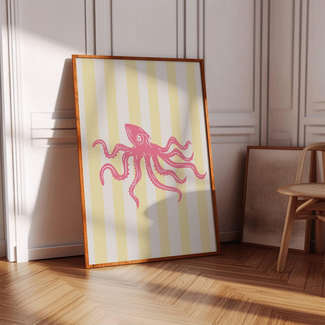 Pink Octopus Illustration On Yellow Cabana Stripes Coastal Wall Poster