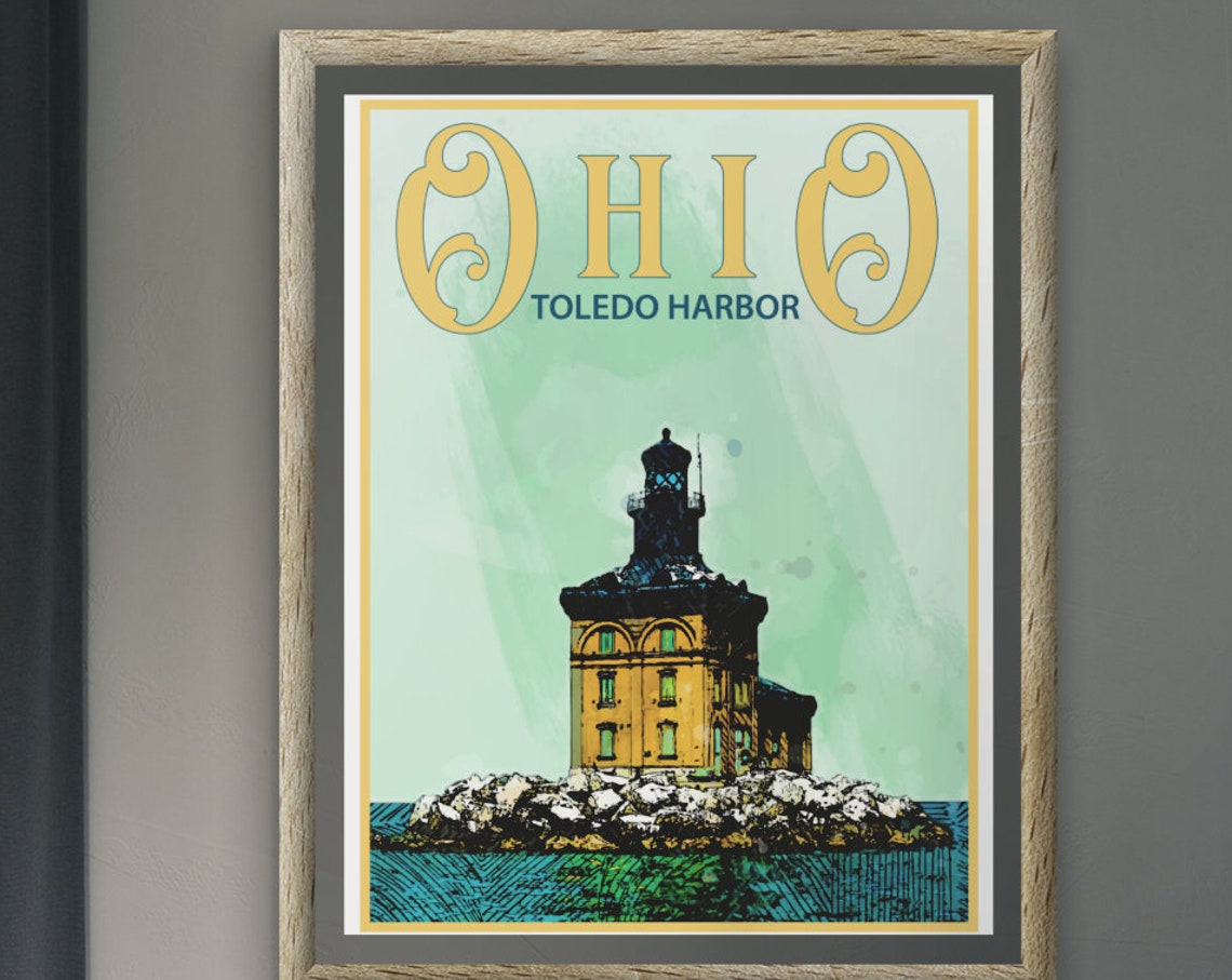 Ohio Toledo Harbor Lighthouse Lake Erie Vintage Travel Poster