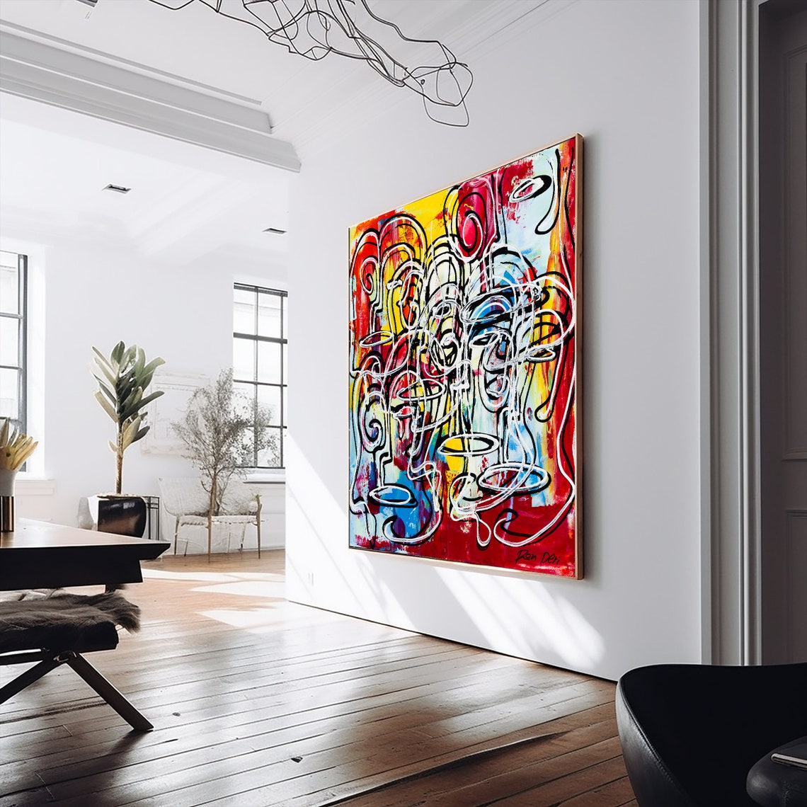 Red Yellow Tangled Face Lines Energetic Doodle Abstract Art Poster - Image 3