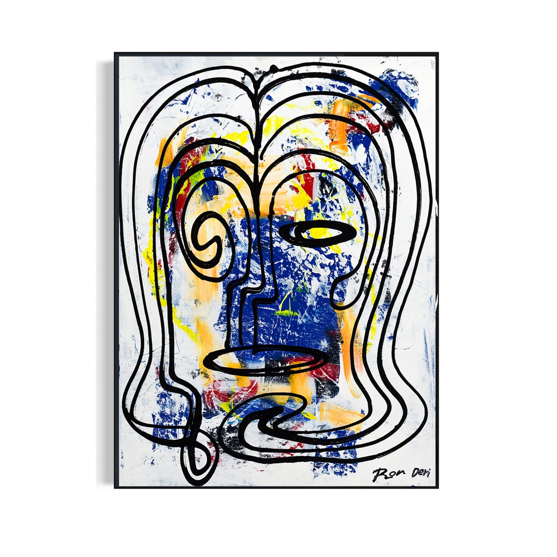 Black Line Face on White with Blue Yellow Splashes Vertical Poster - Image 4